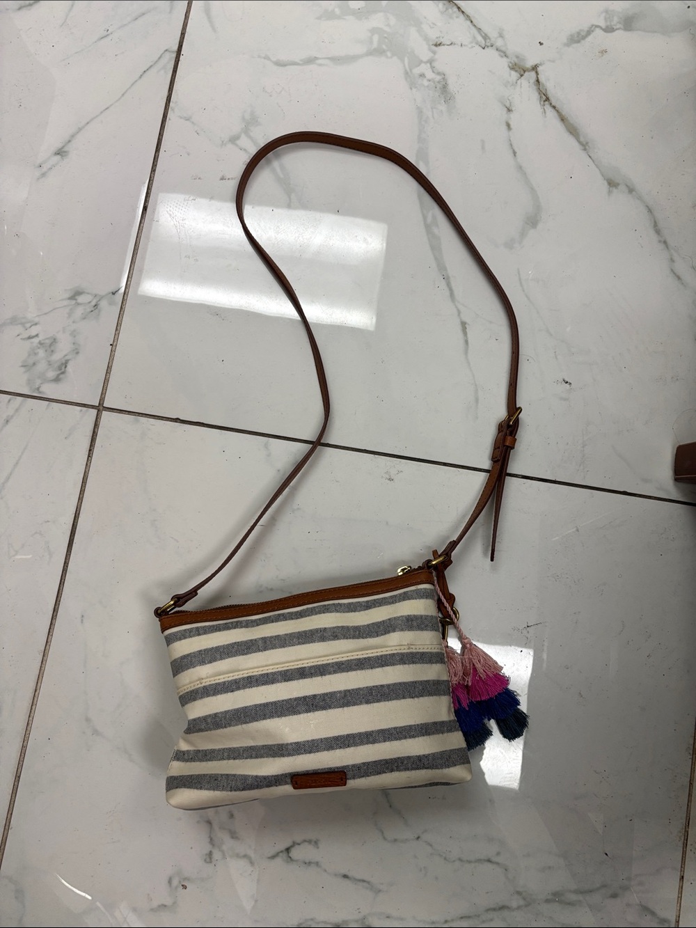 Fossil Gray and Cream Striped Crossbody with Pink-Purple Tassels